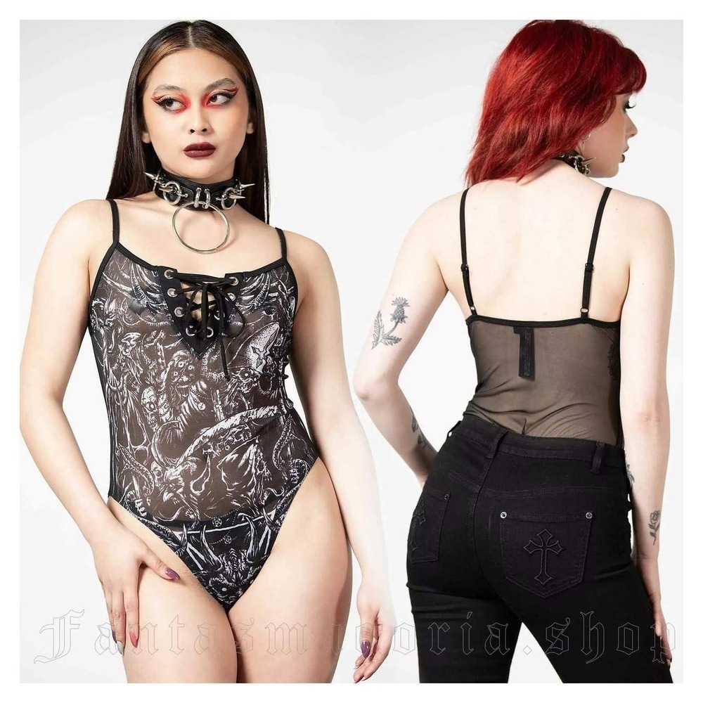 Killstar Violenta Mesh Bodysuit Black White Graphic Lace Up Goth Small